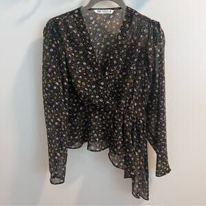 Zara Sheer Black Floral Blouse Size M